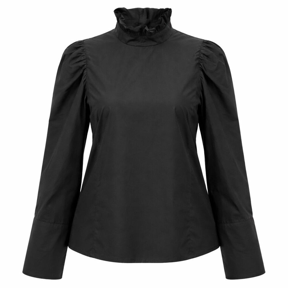 TELA Made in Italy Black High Ruffle Neck Cotton Top Blouse Minimalist 44 US M